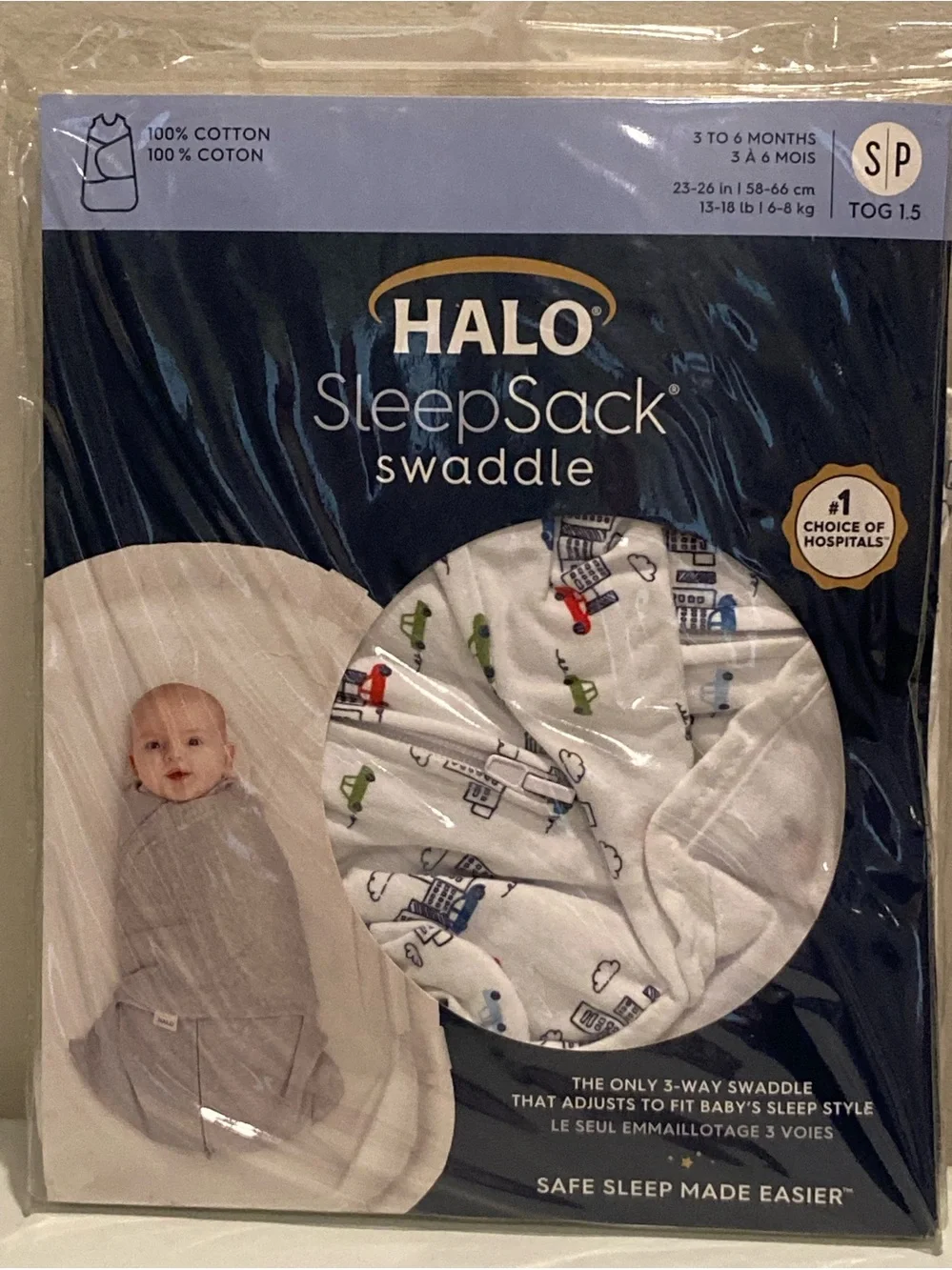 HALO SleepSack Swaddle Baby Pajamas - White with Multi Vehicle Print NWT